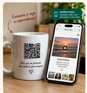 Caneca real com QR Code ao lado de um celular mostrando uma experiência digital